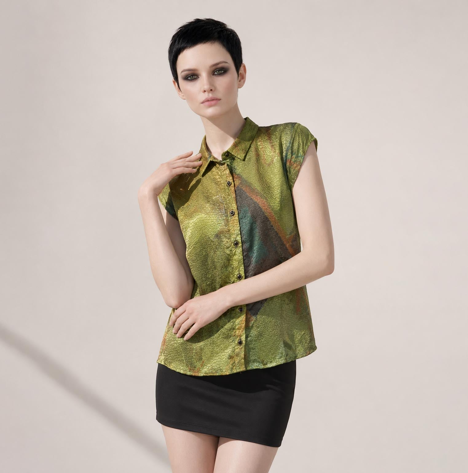 Camisa de Arte de Seda Viscosa para Mujer | Blusa con Botones y Estampado Abstracto Señal Azul | Camisa Llamativa de Manga Larga | Regalo para Amante del Arte