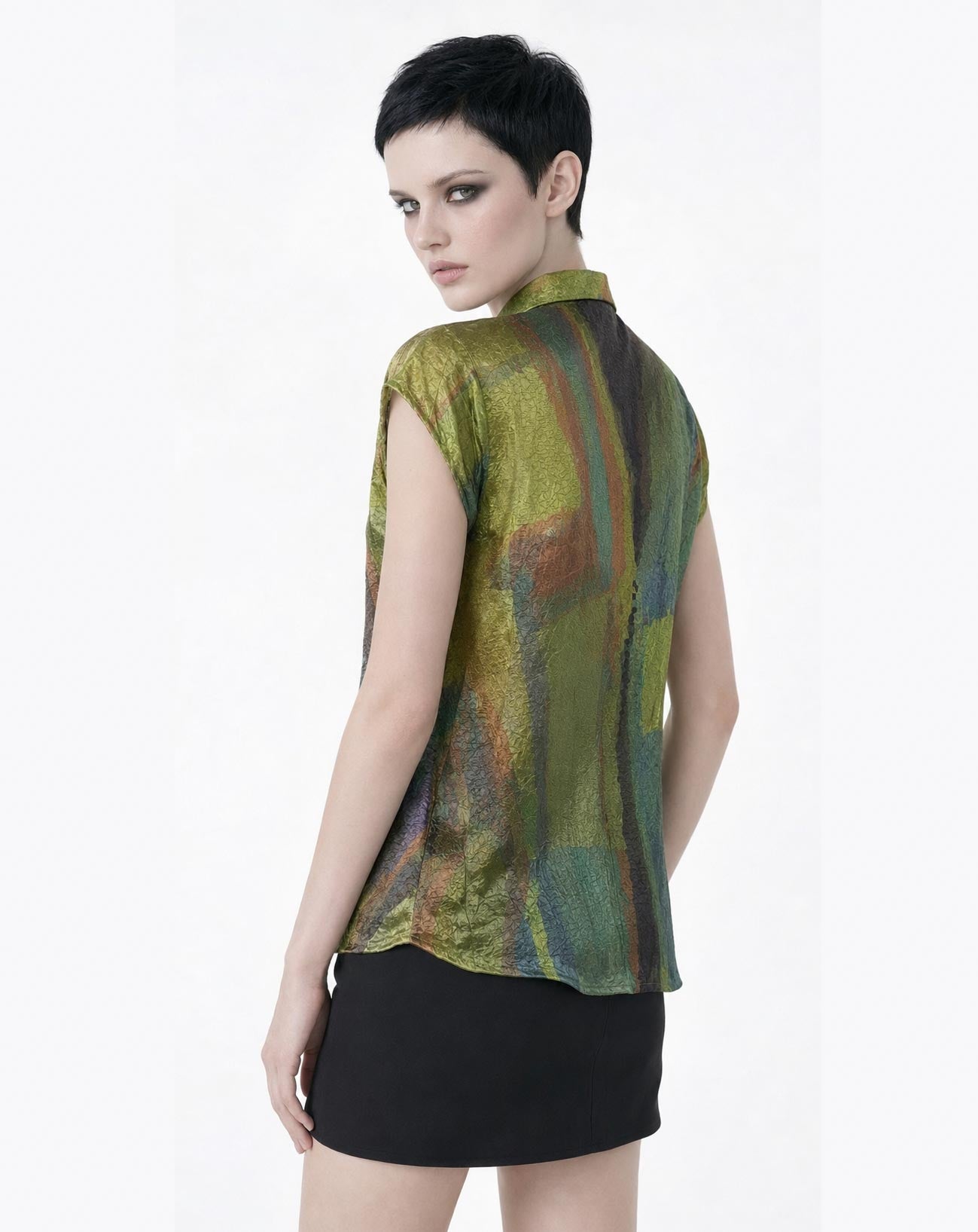 Camisa de Arte de Seda Viscosa para Mujer | Blusa con Botones y Estampado Abstracto Señal Azul | Camisa Llamativa de Manga Larga | Regalo para Amante del Arte