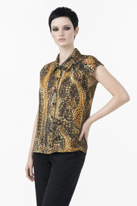 Camisa de Arte de Seda Viscosa para Mujer | Blusa con Botones y Estampado Abstracto Señal Azul | Camisa Llamativa de Manga Larga | Regalo para Amante del Arte
