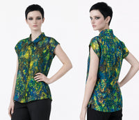 Camisa de Arte de Seda Viscosa para Mujer | Blusa con Botones y Estampado Abstracto Señal Azul | Camisa Llamativa de Manga Larga | Regalo para Amante del Arte