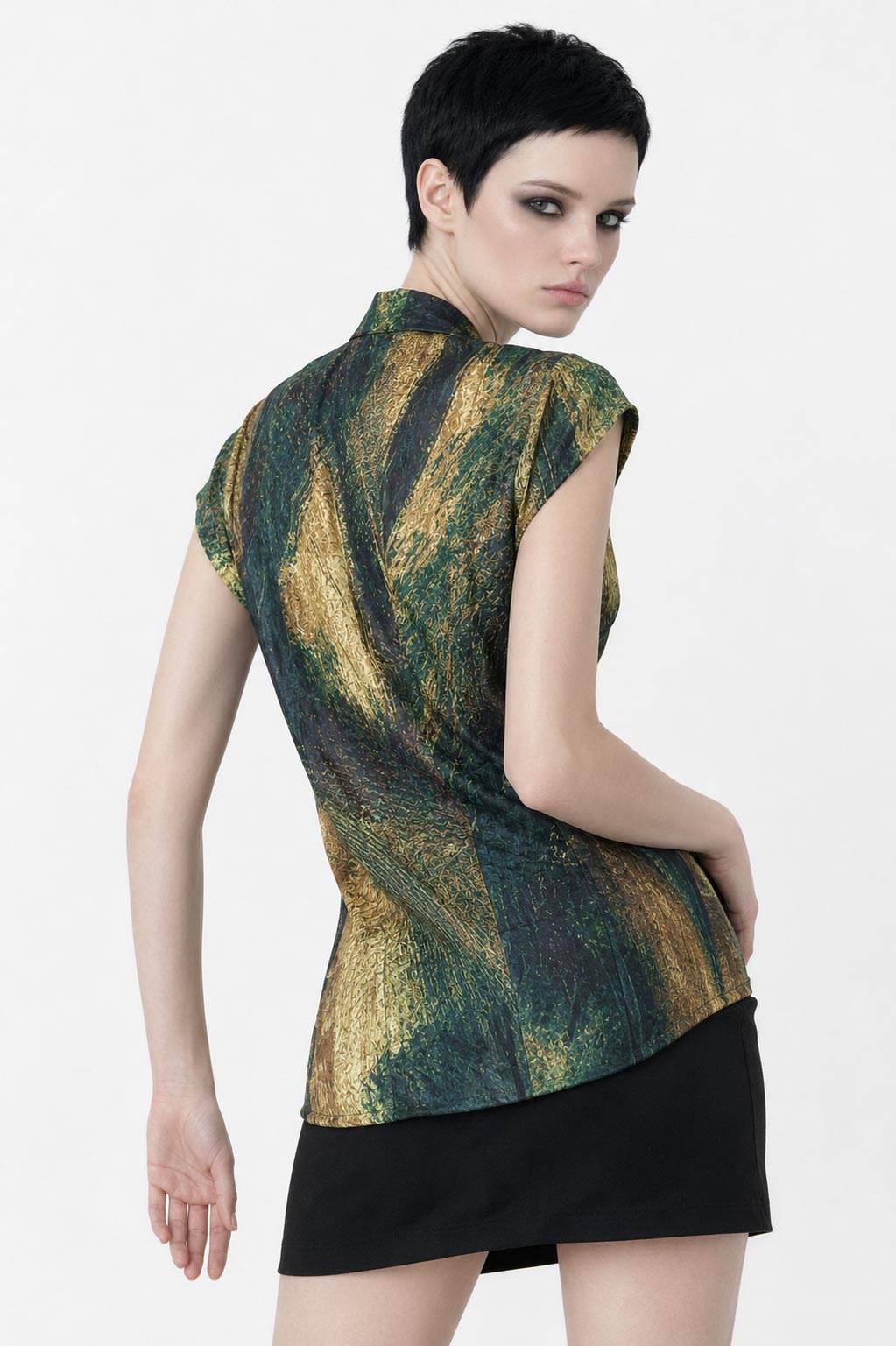 Camisa de Arte de Seda Viscosa para Mujer | Blusa con Botones y Estampado Abstracto Señal Azul | Camisa Llamativa de Manga Larga | Regalo para Amante del Arte