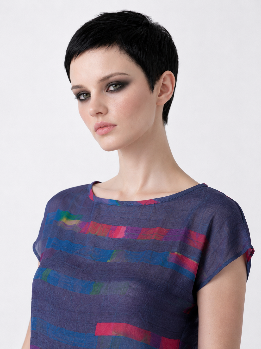 Women's Blue Abstract Print Viscose Chiffon Top – Lightweight Artistic Cap Sleeve Blouse