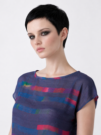 Coastal Blue Abstract Print Top for Women | Lightweight Viscose satin Cap Sleeve Blouse | Modern Artistic Summer Shirt