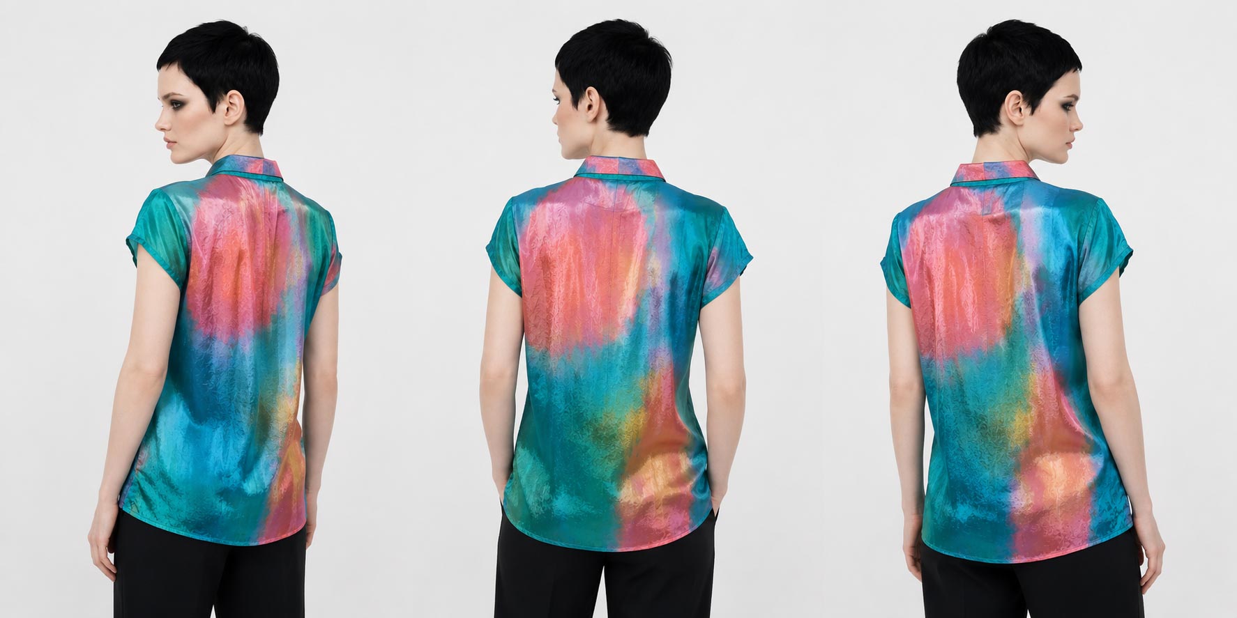 Women's Viscose Silk Art Shirt | Pastel Blue Abstract Print Button Up Blouse | Cap Sleeve Statement Shirt | Gift for Art Lover
