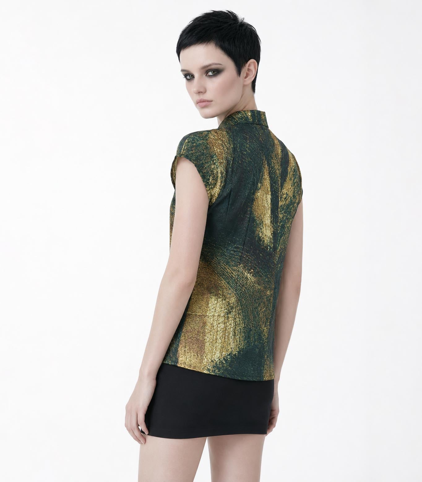 Camisa de Arte de Seda Viscosa para Mujer | Blusa con Botones y Estampado Abstracto Señal Azul | Camisa Llamativa de Manga Larga | Regalo para Amante del Arte