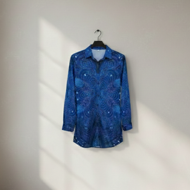 All-Over Print Women's Lapel Shirt Dress With Long Sleeve