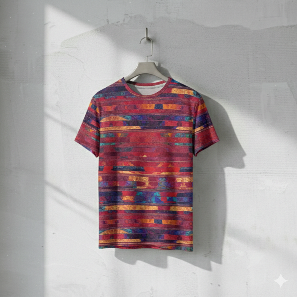 Men's Fiery Red Blue Stripe Texture O Neck T shirt