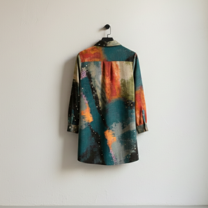 Women’s Abstract Art Shirt Dress – Painterly Button-Down Dress, Long Sleeve Contemporary  Fashion