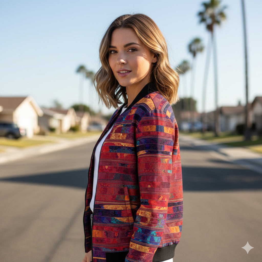 228. Womens Crimson Brushstroke Art Bomber Jacket