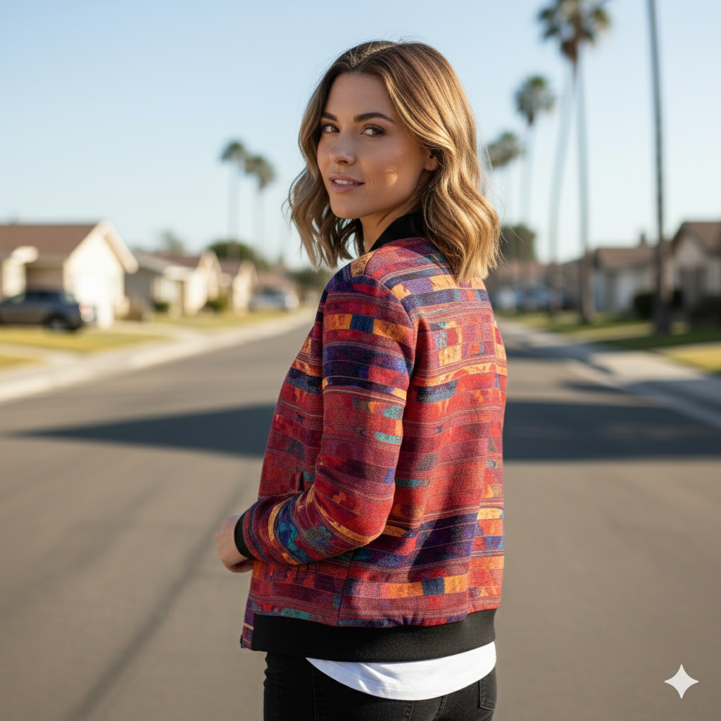 228. Womens Crimson Brushstroke Art Bomber Jacket