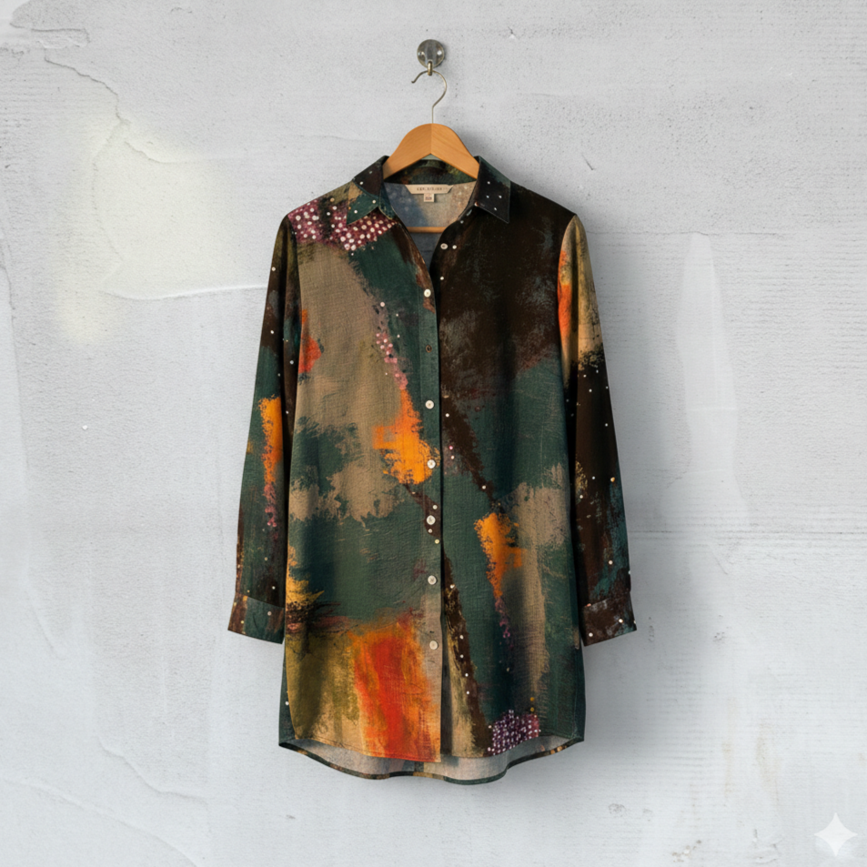Women’s Abstract Art Shirt Dress – Painterly Button-Down Dress, Long Sleeve Contemporary  Fashion