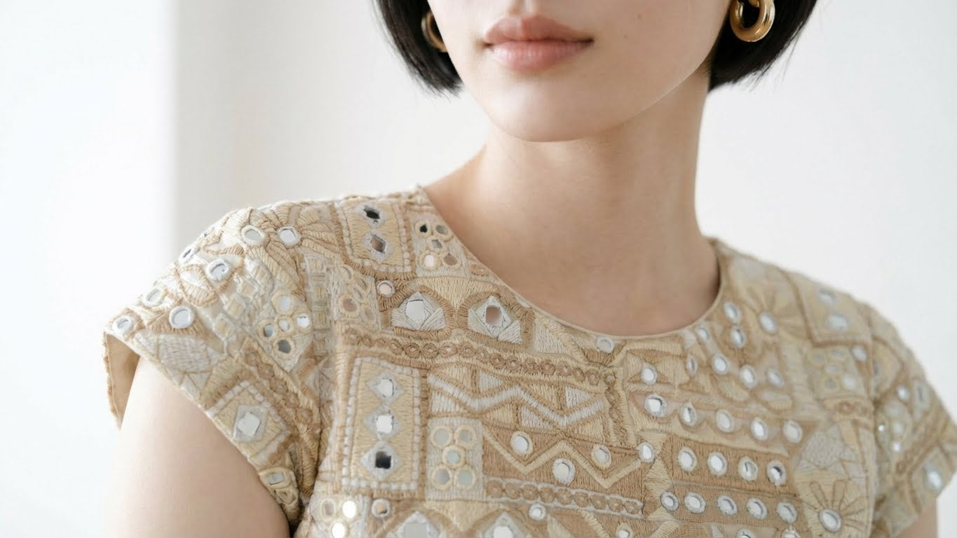 custom light Gold crop top with embroidery and faux mirror work