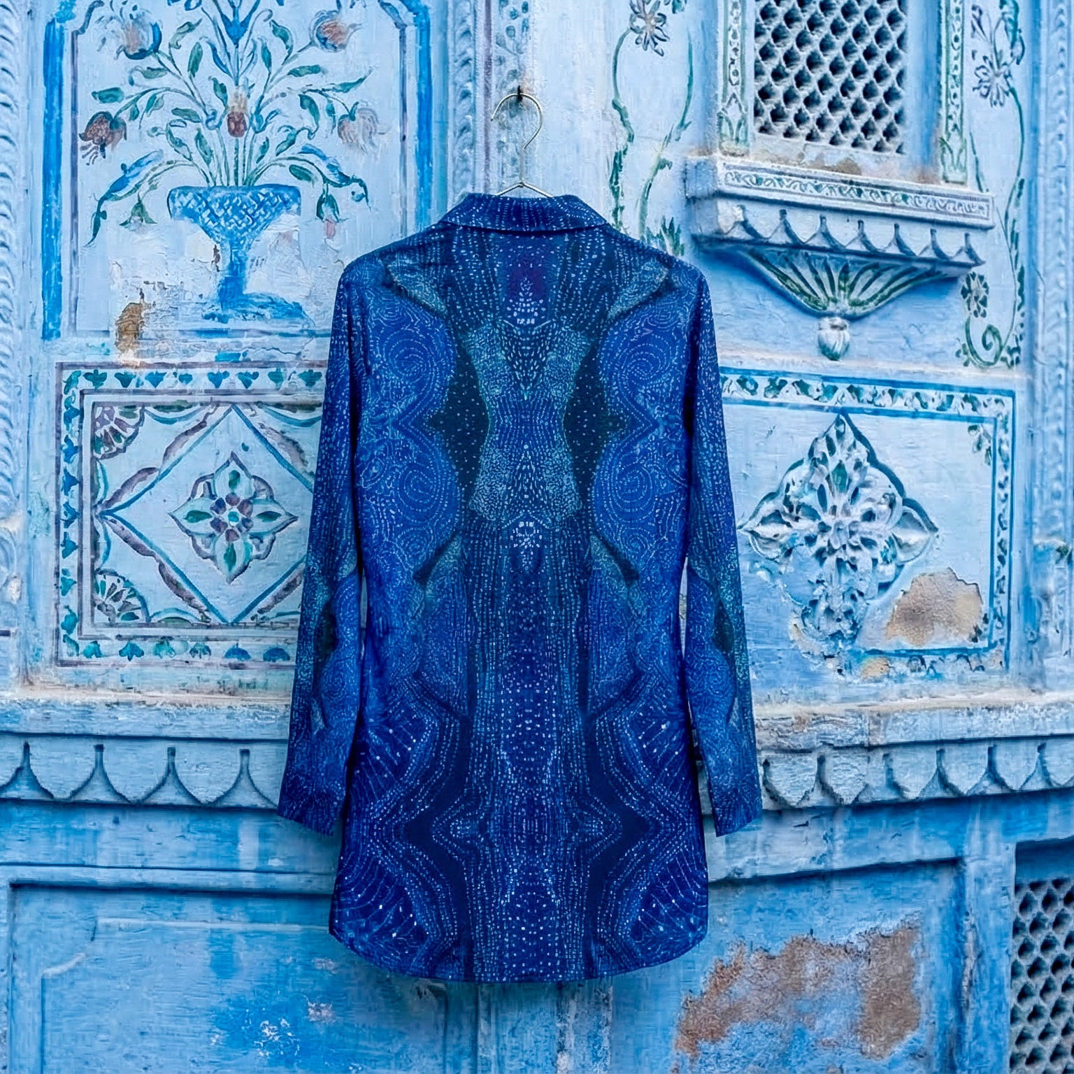 Women's Blue Abstract Pattern Lapel Shirt Dress