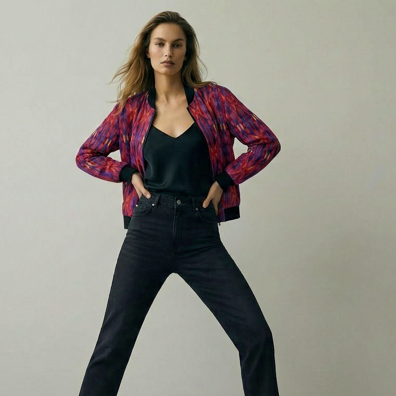 228. Women's Magenta Blue Painted Flame Bomber Jacket