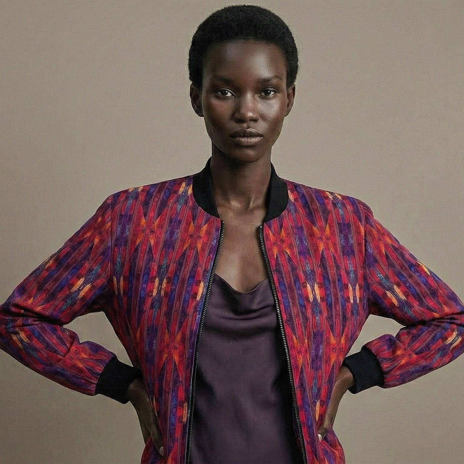 228. Women's Magenta Blue Painted Flame Bomber Jacket