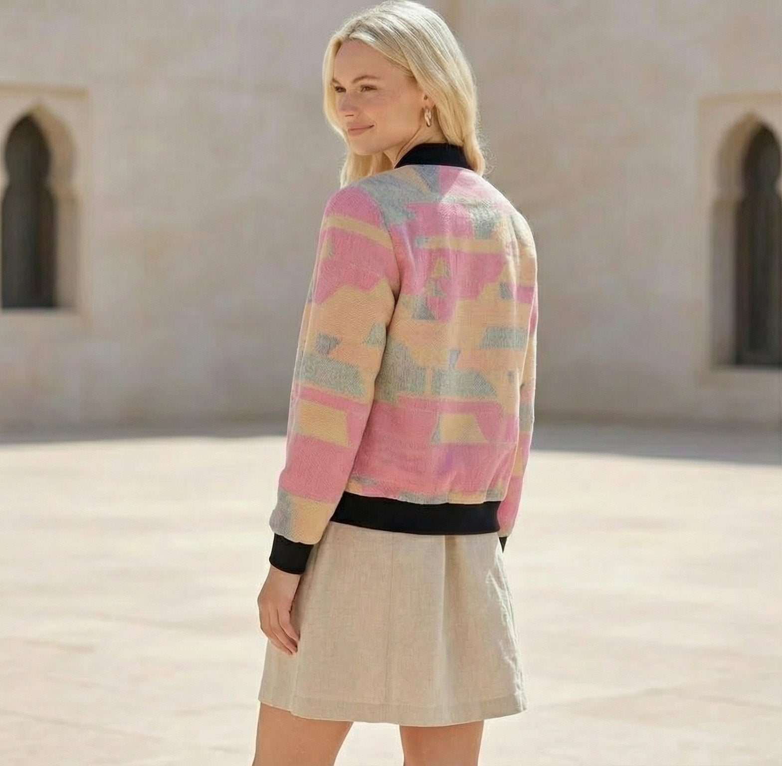 228. Women's Blush Strata Abstract Bomber Jacket