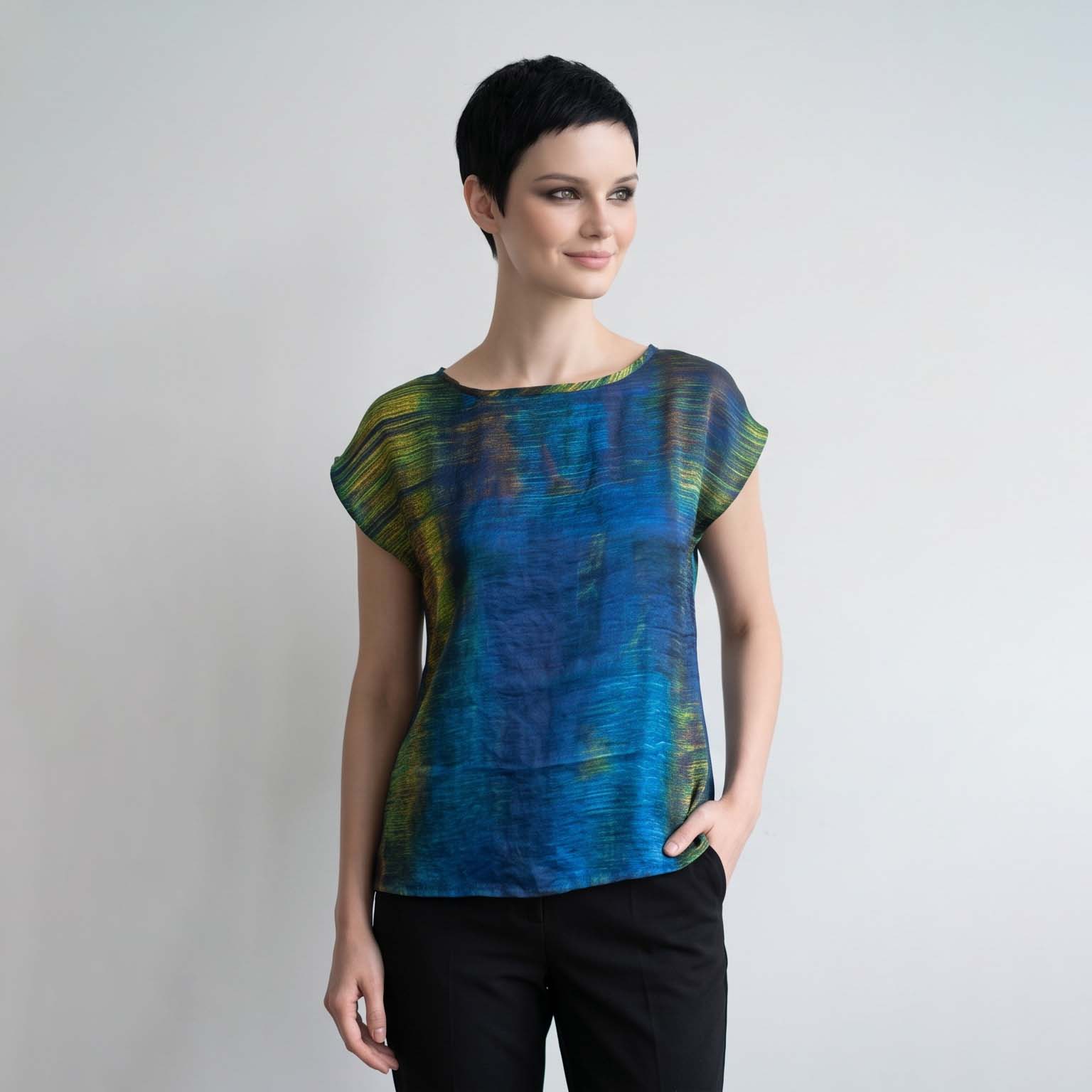 Women's Abstract Print Viscose Chiffon Top – Lightweight Artistic Cap Sleeve Blouse