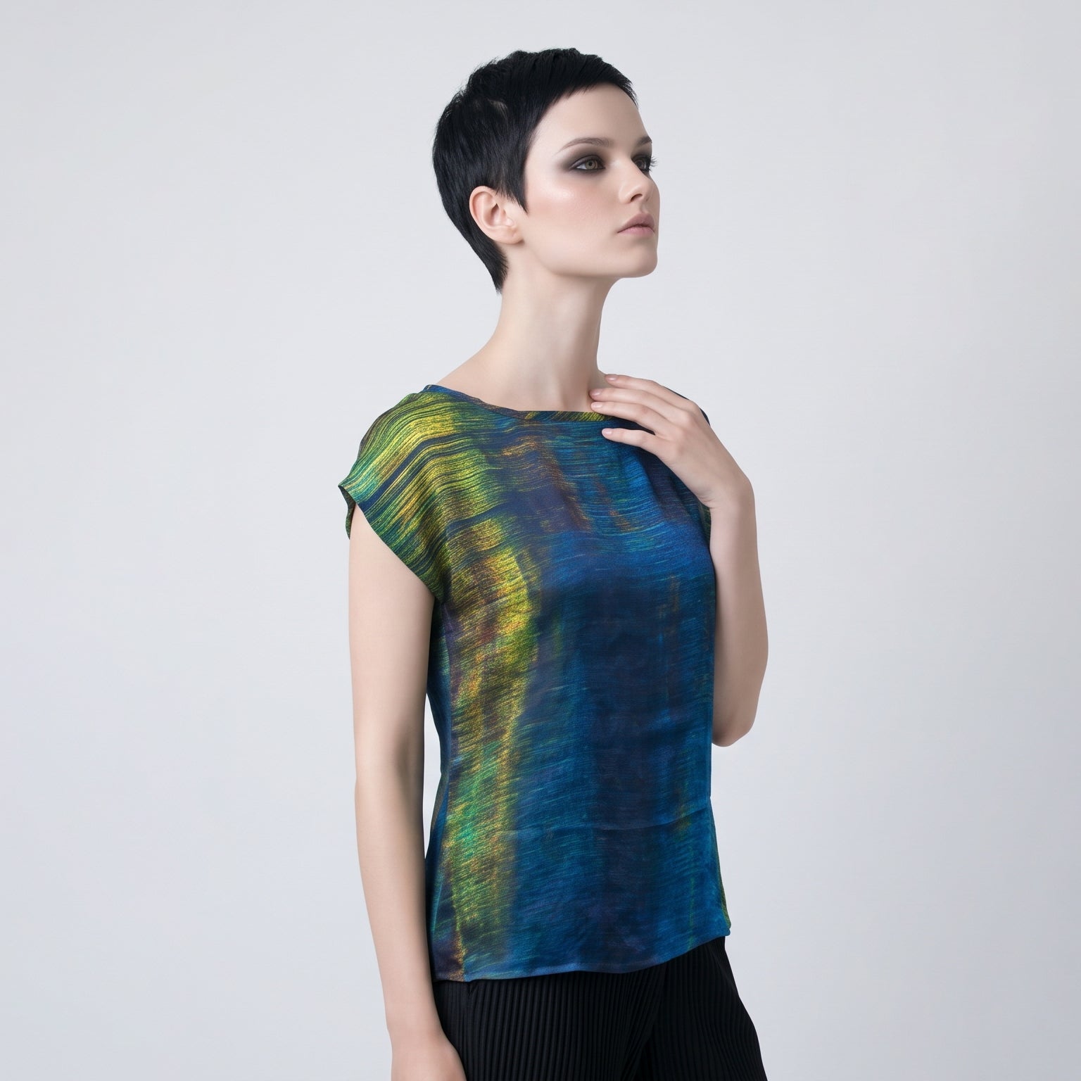 Women's Abstract Print Viscose Chiffon Top – Lightweight Artistic Cap Sleeve Blouse