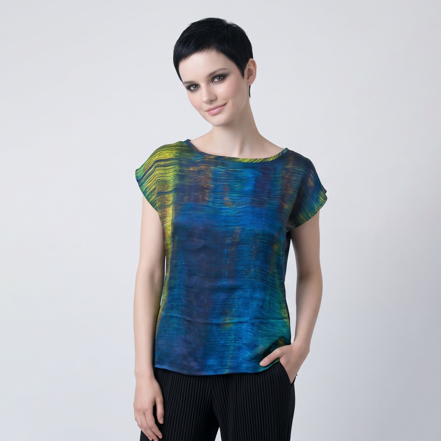 Women's Abstract Print Viscose Chiffon Top – Lightweight Artistic Cap Sleeve Blouse