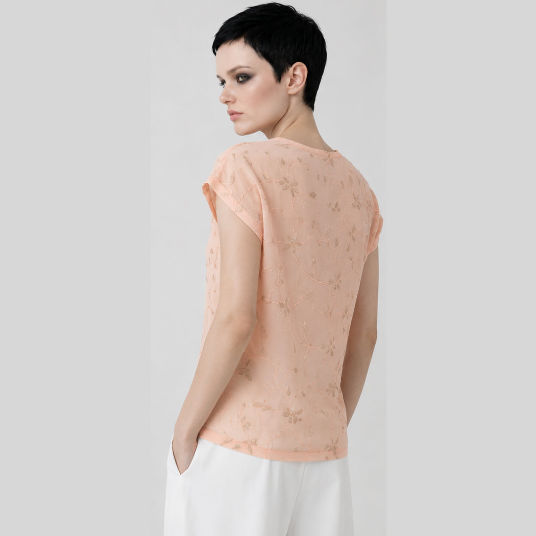 Women's Light Pink Floral Print Viscose Chiffon Top – Lightweight Artistic Cap Sleeve Blouse