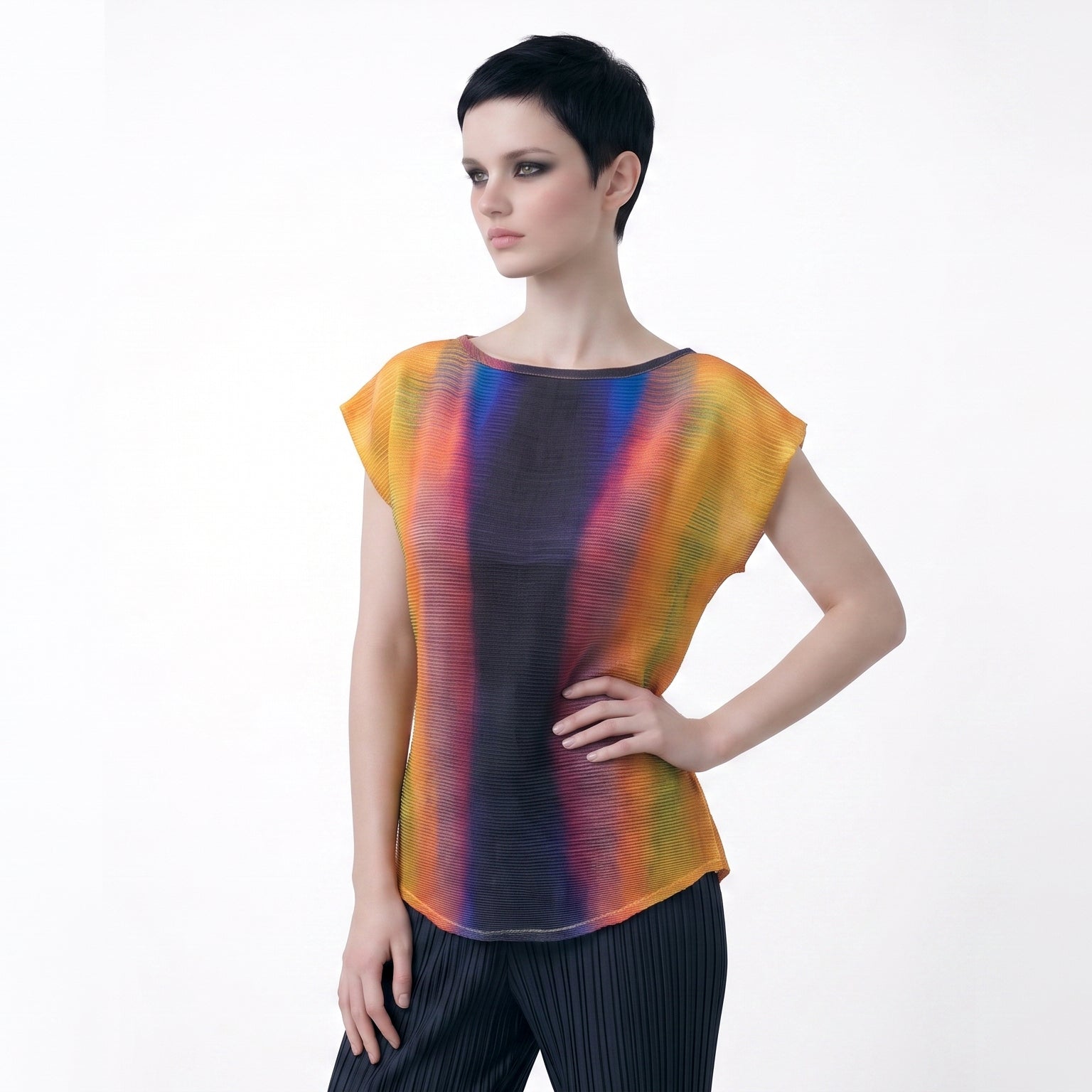 Women's Yellow Blue Abstract Print Viscose silk Top – Lightweight Artistic Cap Sleeve Blouse