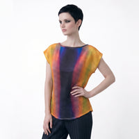 Women's Yellow Blue Abstract Print Viscose silk Top – Lightweight Artistic Cap Sleeve Blouse