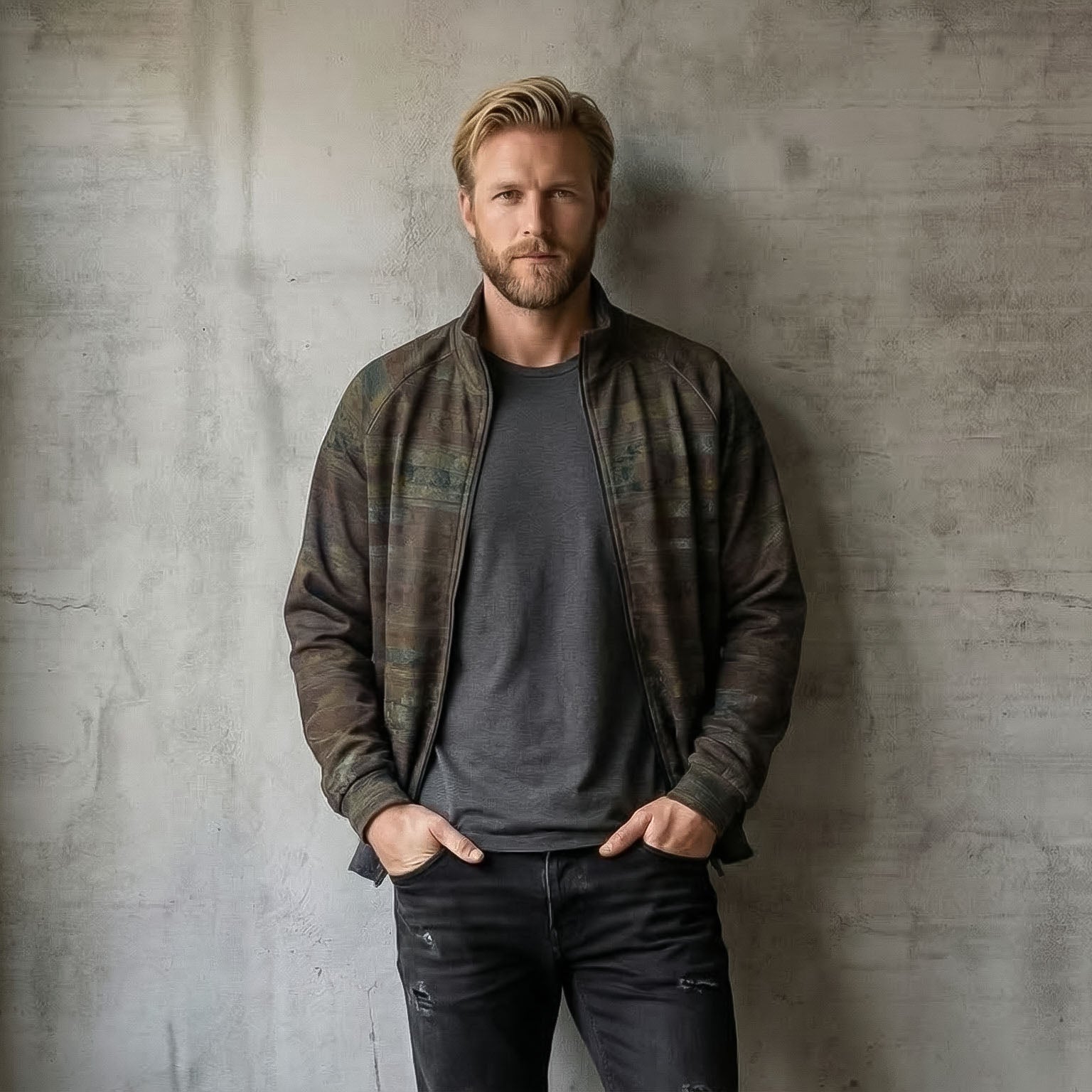 Men's Earth-Tone Mosaic Textured TERRA Stand Collar Jacket