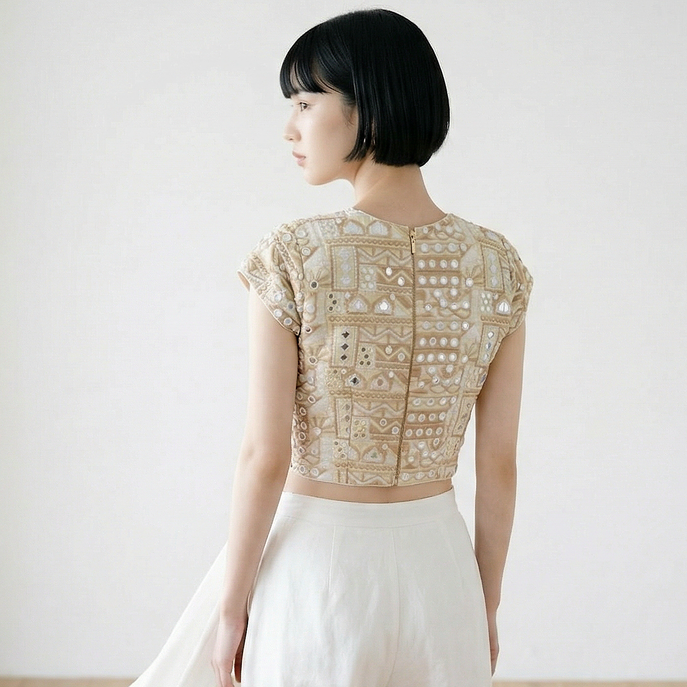custom light Gold crop top with embroidery and faux mirror work