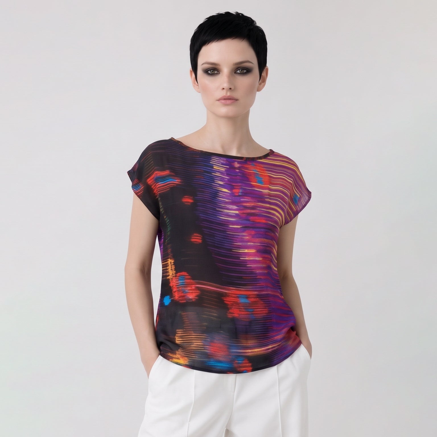 Women's Purple Abstract Print Viscose Chiffon Top – Lightweight Artistic Cap Sleeve Blouse
