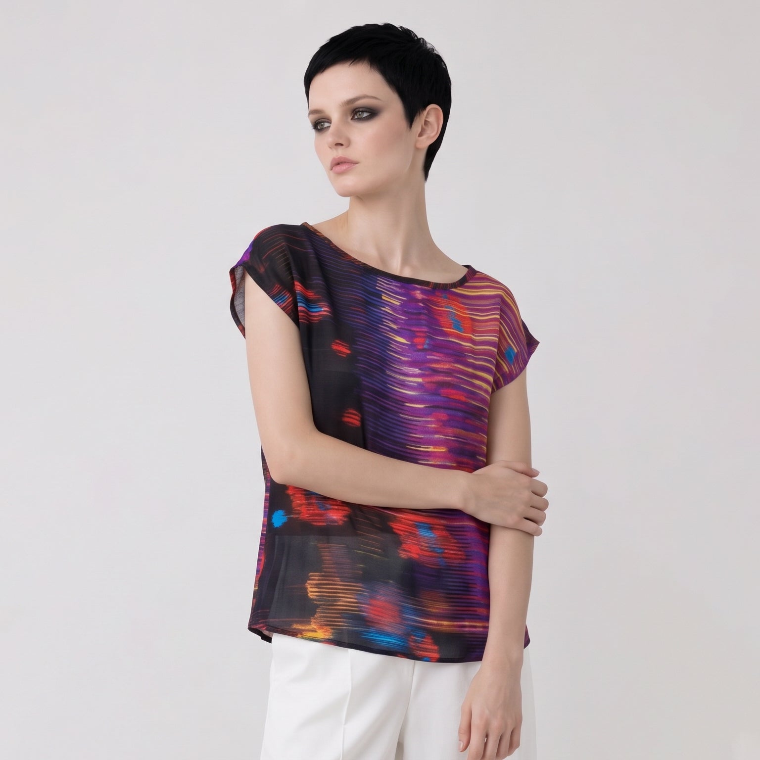 Women's Purple Abstract Print Viscose Chiffon Top – Lightweight Artistic Cap Sleeve Blouse