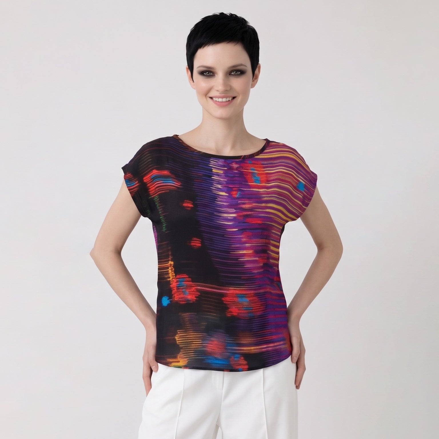 Women's Purple Abstract Print Viscose Chiffon Top – Lightweight Artistic Cap Sleeve Blouse