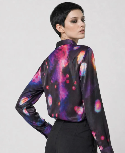 Women's Viscose Silk Art Shirt | Tie-Dye Abstract Print Button Up Blouse | Long Sleeve Statement Shirt | Gift for Art Lover