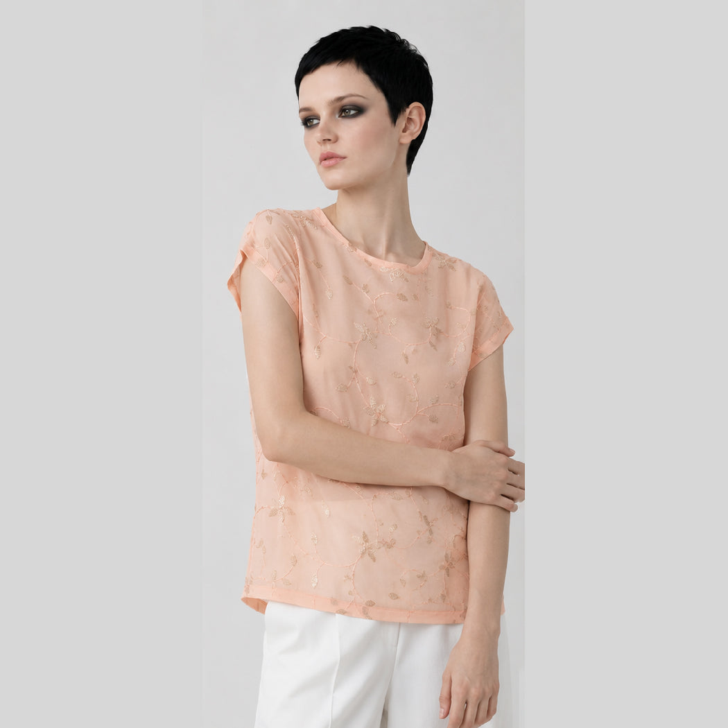 Women's Light Pink Floral Print Viscose Chiffon Top – Lightweight Artistic Cap Sleeve Blouse