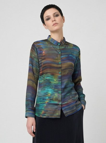 Women's Viscose Silk Art Shirt | Aurora Abstract Print Button Up Blouse | Long Sleeve Statement Shirt | Gift for Art Lover