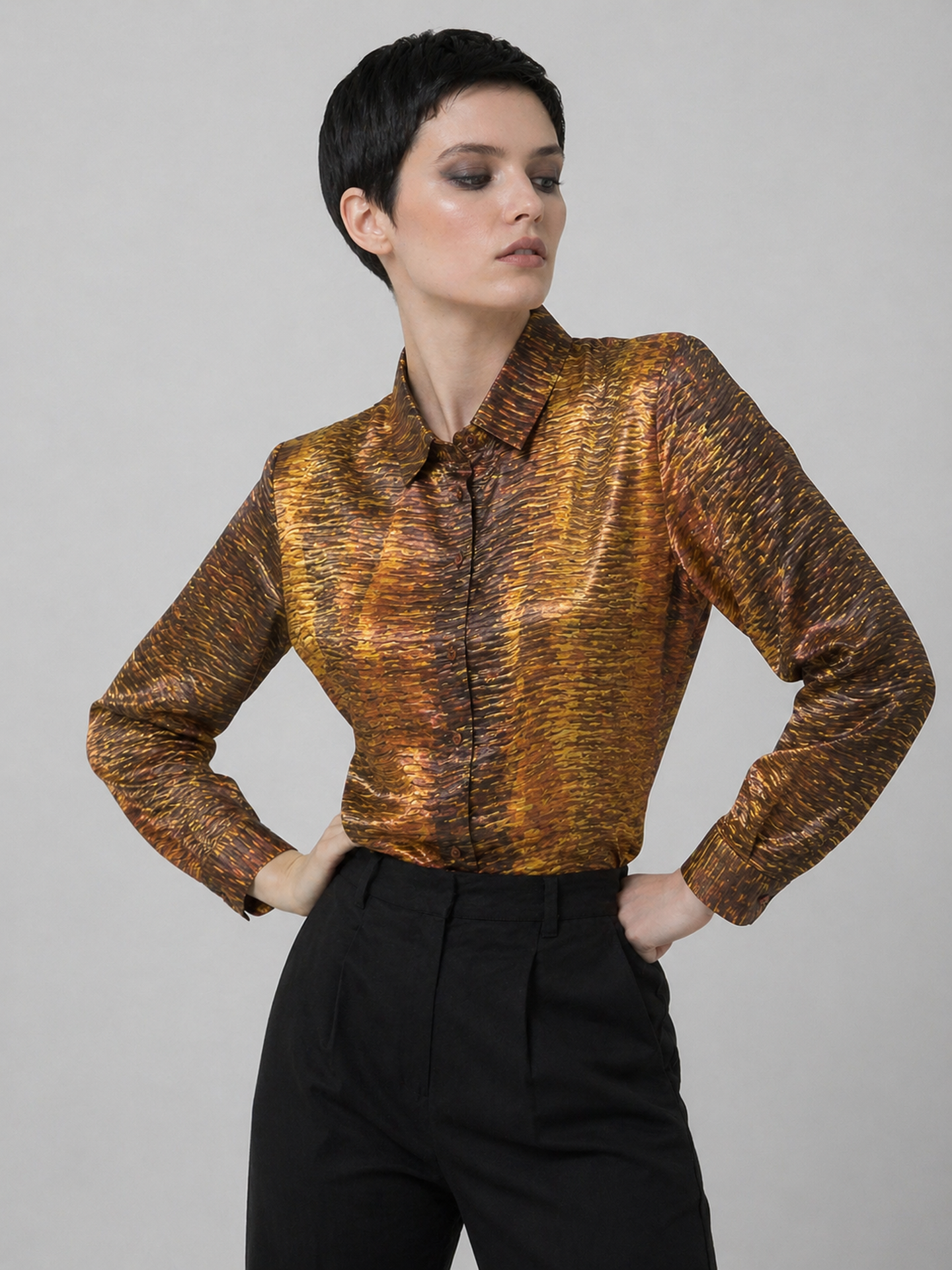 Women's Viscose Silk Art Shirt | Liquid Sands Abstract Print Button Up Blouse | Long Sleeve Statement Shirt | Gift for Art Lover