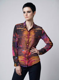 Camisa de arte de seda de viscosa para mujer | Blusa con botones de estampado abstracto City Lights | Camisa llamativa de manga larga | Regalo para amantes del arte