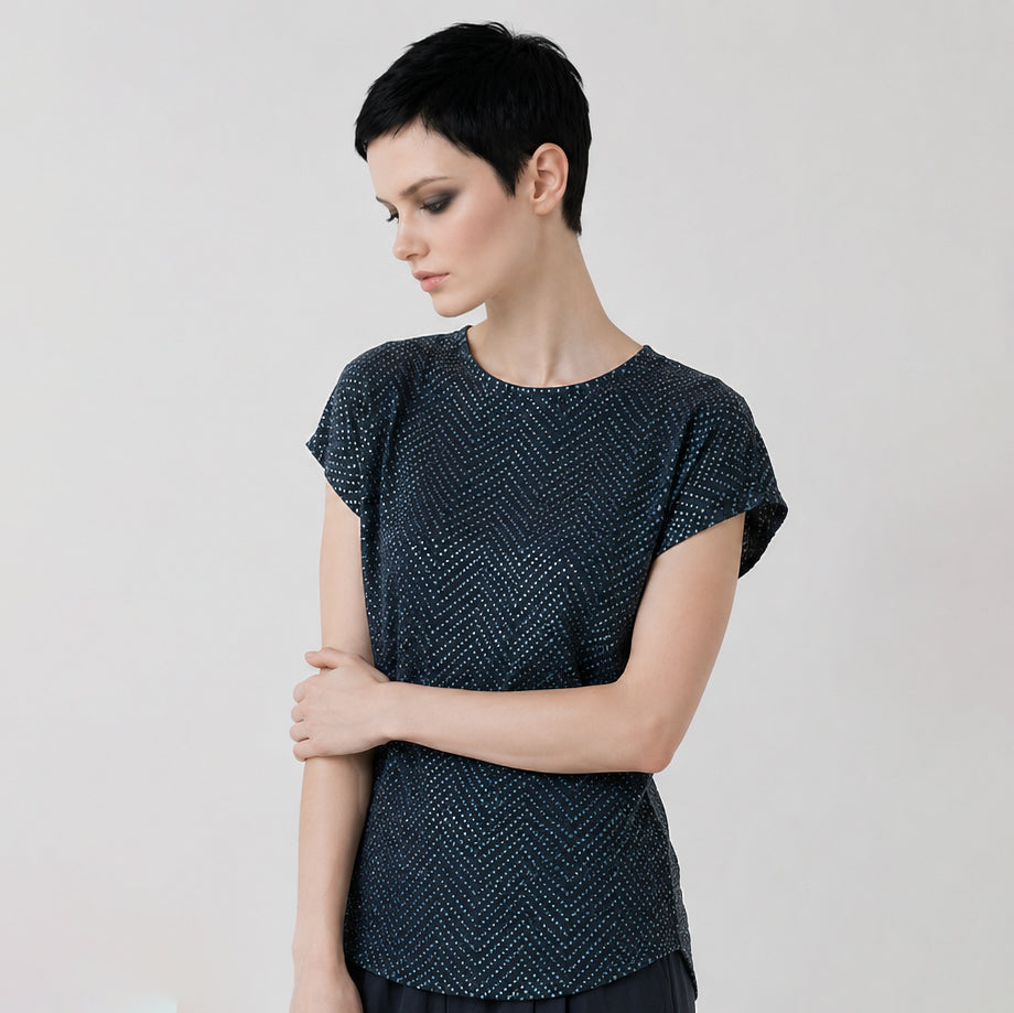 Women's Blue Viscose crepe Top with sequins and embroidery – Lightweight Artistic Cap Sleeve Blouse