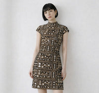 custom black and bronze mini dress with embroidery and faux mirror work