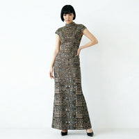 custom black and bronze column dress with embroidery and faux mirror work