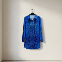 Women's Blue Abstract Pattern Lapel Shirt Dress