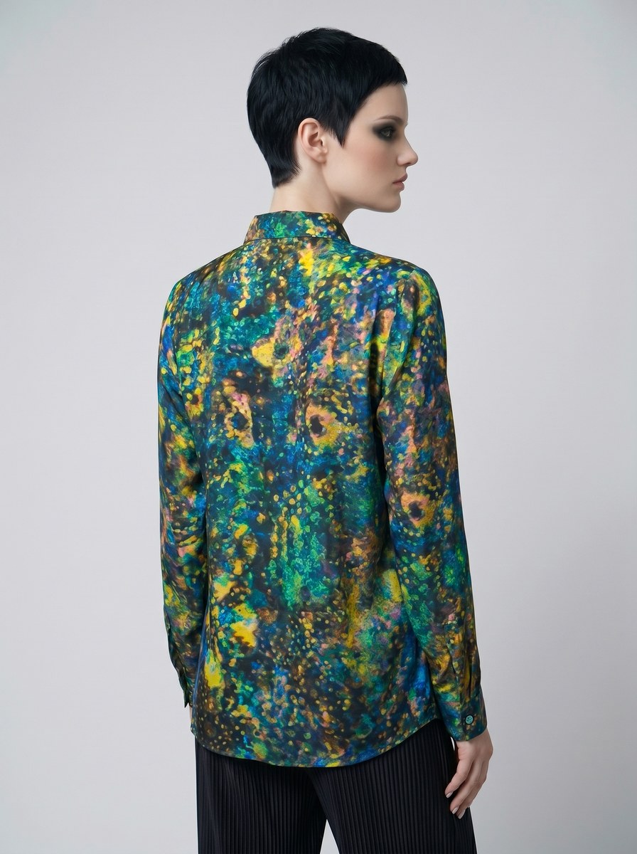 Women's Viscose Silk Art Shirt | Dappled Light Abstract Print Button Up Blouse | Long Sleeve Statement Shirt | Gift for Art Lover