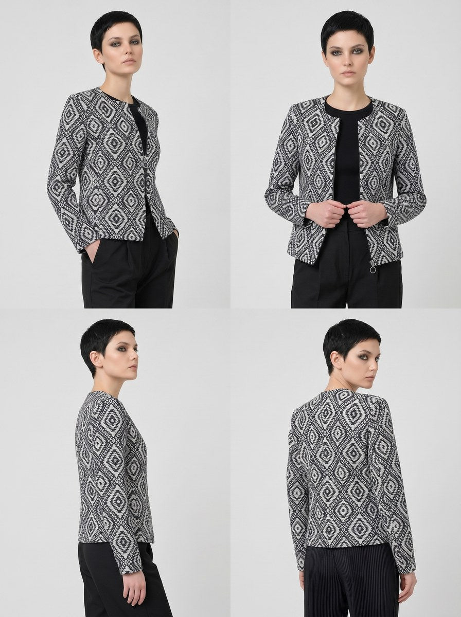 Diamond Weave Cotton Jacket Women | Textured Open Front Blazer | Neutral Casual Workwear Coat | Handloom Style Ethnic Blazer
