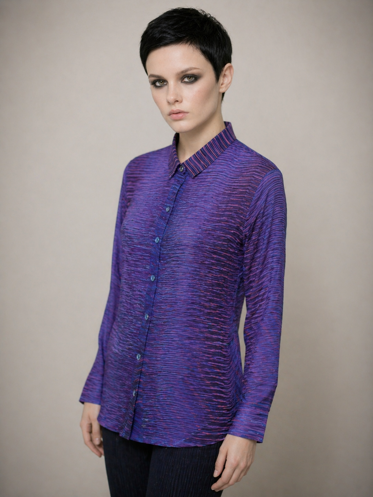 Women's Viscose Silk Art Shirt | Purplexity Abstract Print Button Up Blouse | Long Sleeve Statement Shirt
