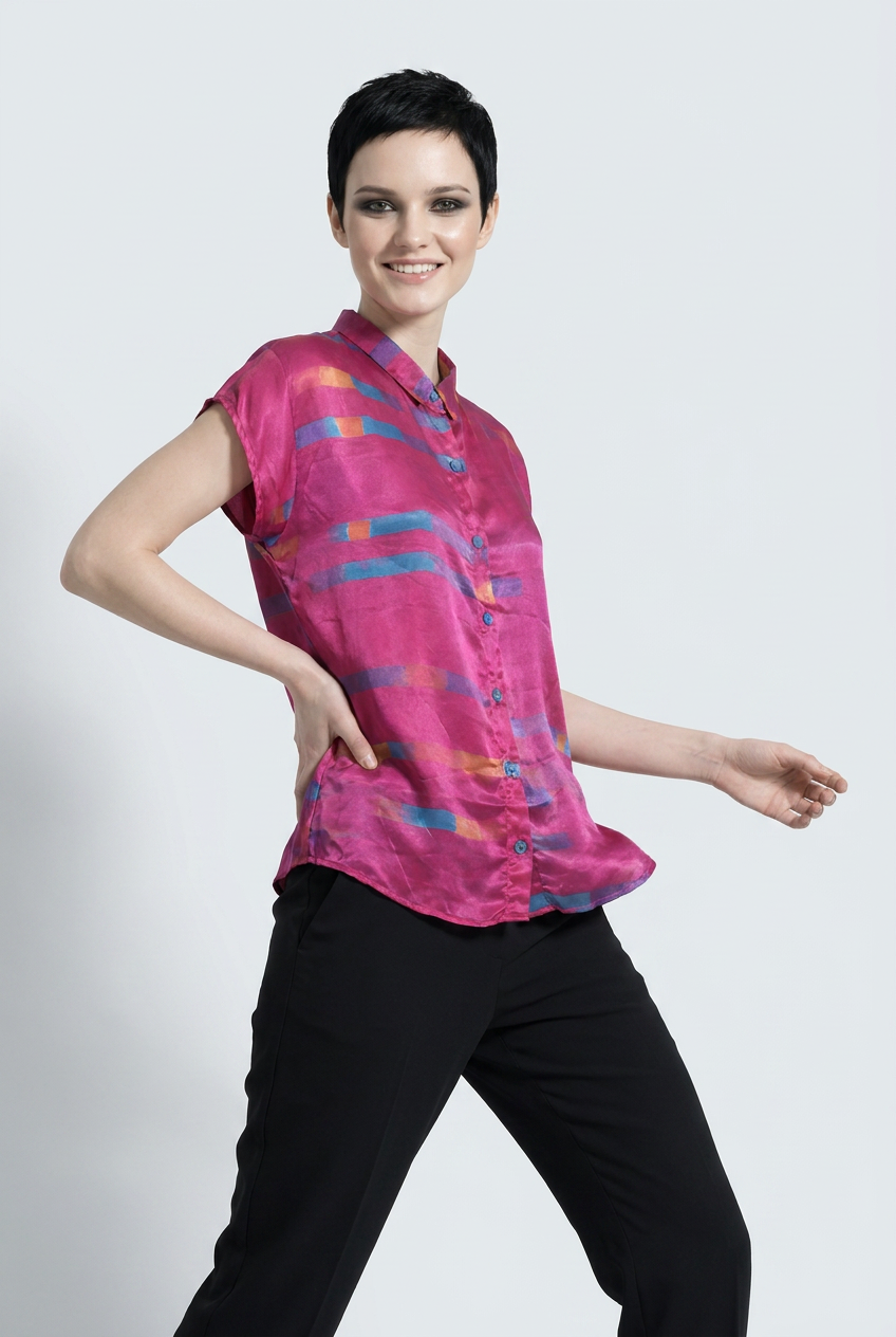 Women's Viscose Silk Art Shirt | Magenta Stripes Abstract Print Button Up Blouse | Cap Sleeve Statement Shirt | Gift for Art Lover