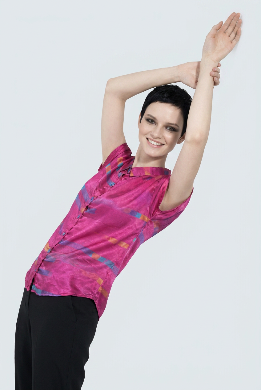 Women's Viscose Silk Art Shirt | Magenta Stripes Abstract Print Button Up Blouse | Cap Sleeve Statement Shirt | Gift for Art Lover