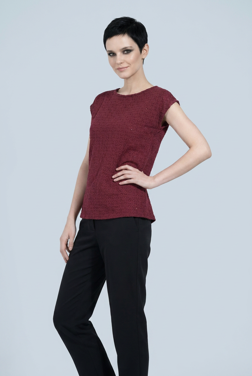 Burgundy Schiffli Embroidered Rayon Top for Women | Sequin Cap Sleeve Blouse | Lightweight Casual Summer Top