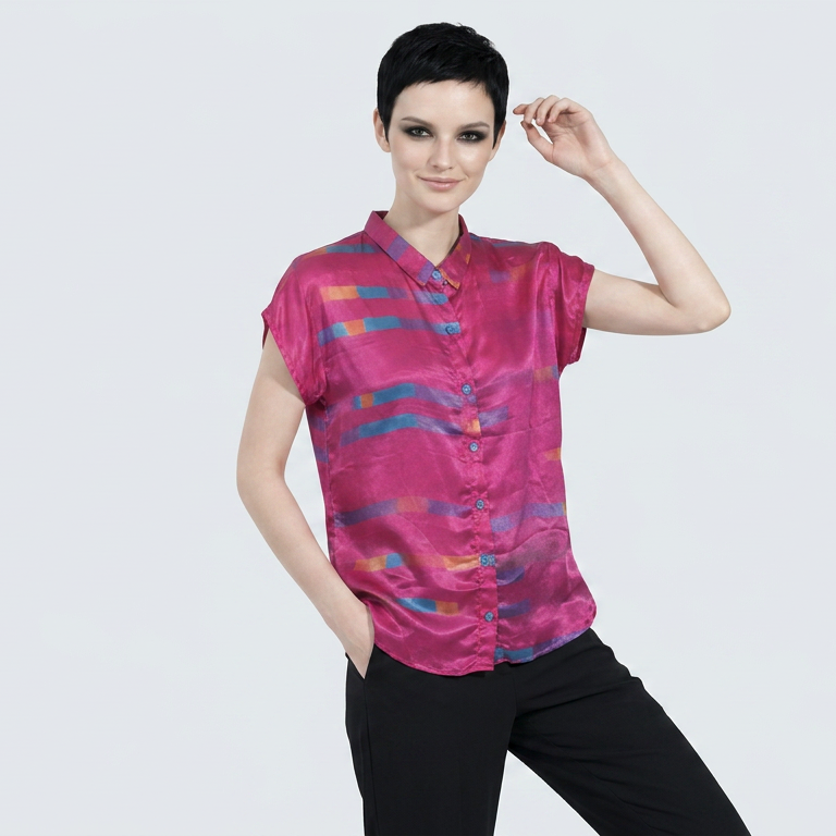 Women's Viscose Silk Art Shirt | Magenta Stripes Abstract Print Button Up Blouse | Cap Sleeve Statement Shirt | Gift for Art Lover