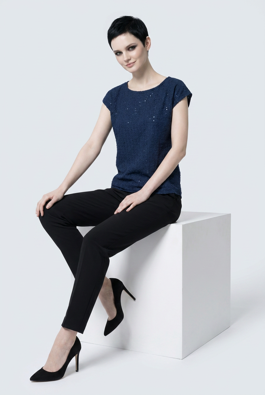 Blue Schiffli Embroidered Rayon Top for Women | Sequin Cap Sleeve Blouse | Lightweight Summer Casual Top