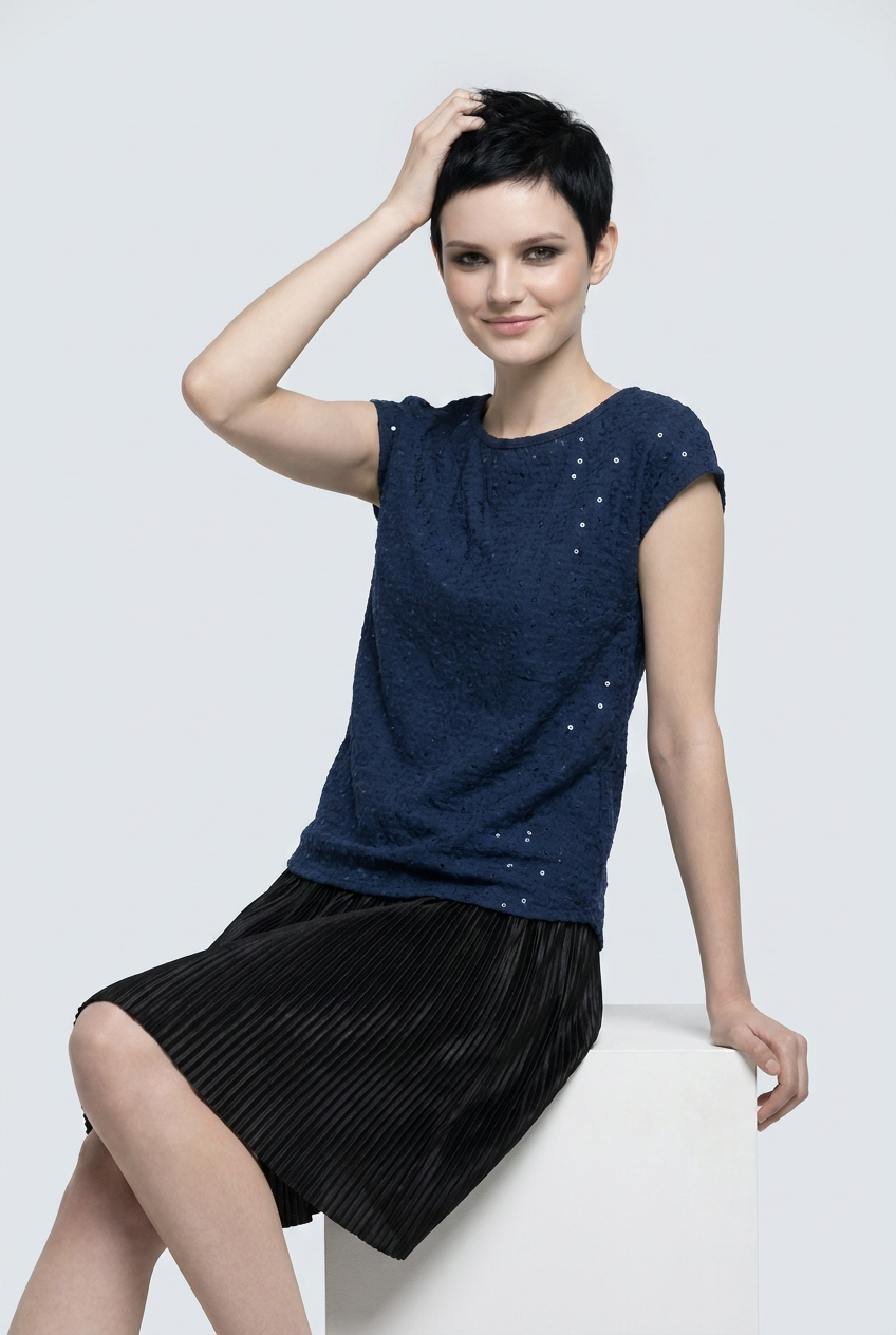 Blue Schiffli Embroidered Rayon Top for Women | Sequin Cap Sleeve Blouse | Lightweight Summer Casual Top