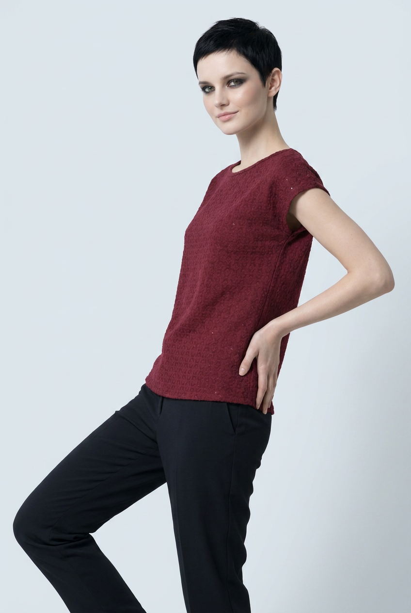 Burgundy Schiffli Embroidered Rayon Top for Women | Sequin Cap Sleeve Blouse | Lightweight Casual Summer Top